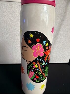 Starbucks White Travel Tumbler with Multicolor Floral Illustration and Pink Lid